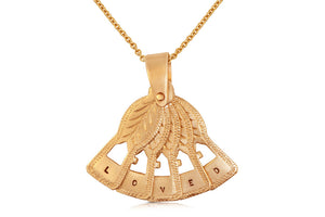 Our Fan pendant in 14K yellow gold opens to reveal a word or name. Shown is LOVED