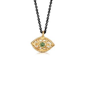 Luna eye pendant in 14K yellow gold with tourmaline center stone on a rhodium plated black sterling silver chain