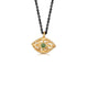 Luna eye pendant in 14K yellow gold with tourmaline center stone on a rhodium plated black sterling silver chain