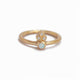 Ines ring with round opal center stone and 3 diamonds on top in 14K yellow gold