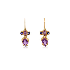Tina earrings shown in 14K yellow gold with pink and blue sapphires in each