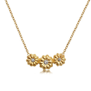 Our blossom three diamond necklace  shown in 14K yellow gold with white diamonds