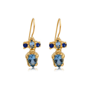 tina earrings shown with Blue sapphires and a Aqua Pear Stone.