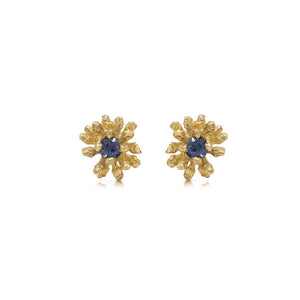 Bud earring studs with one round blue sapphire in each shown in 14K yellow gold