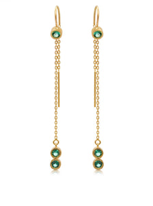 Franny threader earring in 14K yellow gold and 3 round green emeralds  in each one on top and 2 on bottom