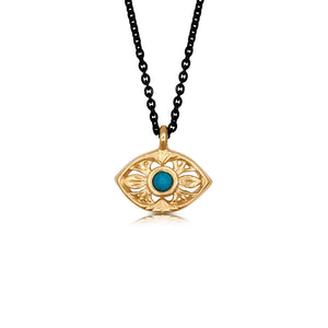 Luna eye pendant in 14K yellow gold with turquoise center stone on a rhodium plated black sterling silver chain