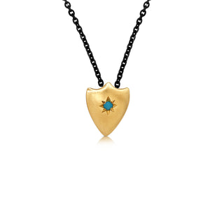 shield necklace is shown in 14K Yellow Gold with a turquoise  center stone on black rhodium plated sterling silver chain (Copy)