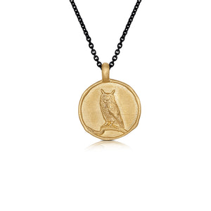 Guide me sagittarius with owl in 14K yellow gold on black rhodium plated sterling silver chain