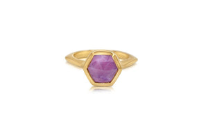 Hexagon center stone ring with hexagon shaped ruby in 14K yellow gold.