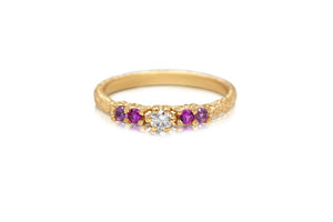 Ariana ring in 14K yellow gold with white diamond and pink and purple sapphires