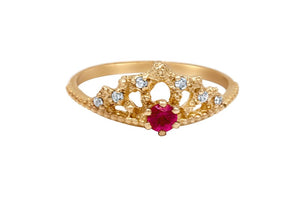 Anya ring in 14K Yellow gold with ruby center stone and white diamonds on top