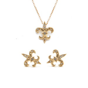 Fleur de Lis pendant with 6 diamonds in 14K yellow gold shown with fleur de lis earrings sold separately