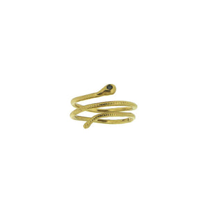 Handcarved snake ring shown in 14K yellow gold shown with round emerald as eye
