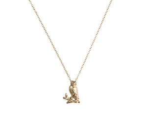 Our owl pendant shown in 14K yellow gold