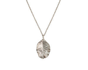 Round Leaf Necklace Shown in Sterling Silver. This elegant leaf pendant has actual texture from a real leaf. It hangs delicately 3/4 of an inch from a 16” chain﻿﻿.