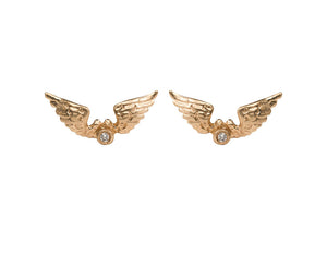 Lucky wing earrings shown with one round white diamond in each in 14K yellow gold