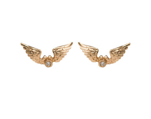 Lucky wing earrings shown with one round white diamond in each in 14K yellow gold