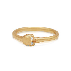 Small memento skull ring in 14K yellow gold with 2 round diamonds for eyes