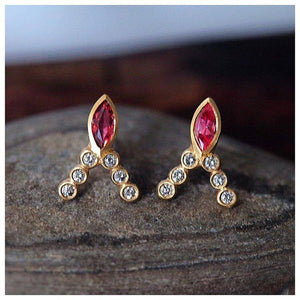 Marquis Beatrix Studs with pink tourmaline marquis and gray diamonds in 14K yellow gold