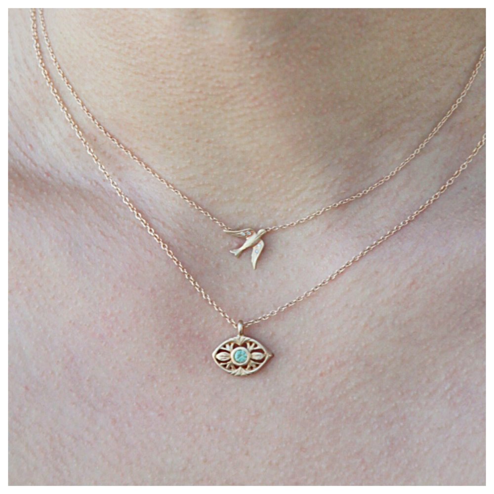 Bird Necklace with Diamonds 14K Yellow Gold with Diamonds
