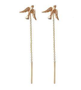 Bird threader earrings in 14K yellow gold with 4 white diamonds in each (2 in each wing).