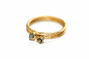 two rough diamond twig stacking rings in 14K yellow gold
