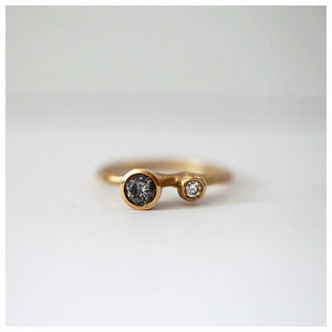 Double bud ring in 14K yellow gold with gray and white diamond