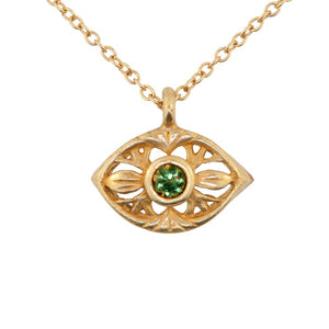 Our luna eye pendant shown in 14K yellow gold with emerald center stone.