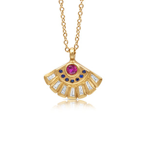 Fan pendant with ruby, sapphire and diamonds in 14K yellow gold