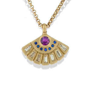 This gorgeous fan pendant features a 3mm Ruby or Emerald center stone that is surrounded by 7 1.1 mm Blue sapphires and 7 Brilliant White Diamond Baguettes