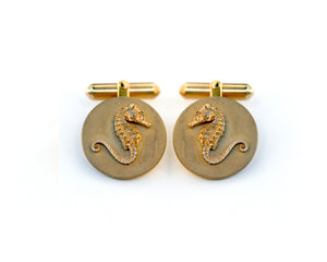 Lulu &amp; Shay Handmade Fine Jewelry Seahorse Cufflinks. These seahorse cufflinks are perfect for any occasion.   ﻿The seahorse is considered to be a symbol of strength and power and is also known for it's friendliness and generosity.   They measure 3/4 of an inch in diameter.  Price is for Sterling Silver. Shown in 14K Gold.