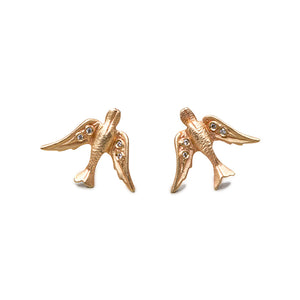 Bird Studs with White Diamonds in 14K yellow gold