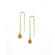 Amelia flower threader earrings in 14K yellow gold. These delicate Flower Bud Thread Earrings are perfect for everyday wear and elegant enough for a night out. The bud measures 5mm wide x 8mm long including the jumpring. They hang approximately 1.4 inches from the ear lobe. 