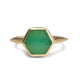 Hexagon center stone ring shown in 14K yellow gold with emerald hexagon shaped center stone.