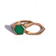 Hexagon center stone ring shown in 14K yellow gold with emerald hexagon shaped center stone. Shown with hexagon band