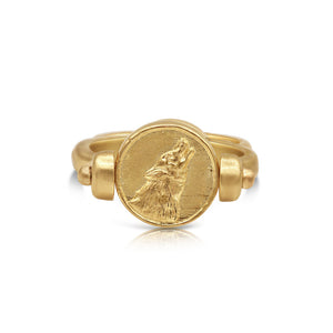 Taurus and Pisces Wolf Swivel ring shown with front wolf design in 14K Yellow gold.