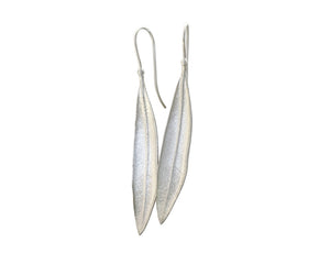 Lulu &amp; Shay Handmade Fine Jewelry Long Leaf Earrings. These handcrafted nature inspired dynamic earrings measure 5/16 inch at it's widest by 1 14/16 inch long dropping from a sterling silver ear wire.