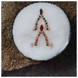 Beatrix marquis ring in 14K yellow gold with blue sapphires shown with pink Beatrix ring sold separately