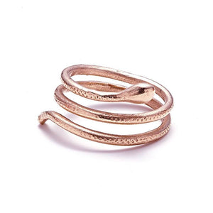 Handcarved snake ring shown in 14K rose gold